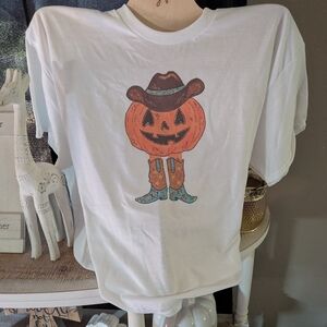 Gildan White Tee with Pumpkin Cowboy Graphic